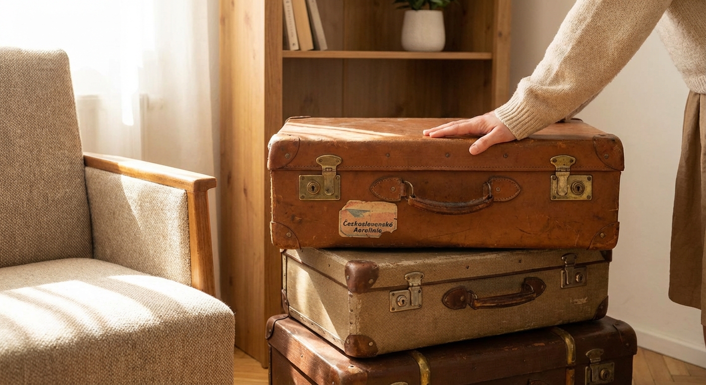 A vintage brown suitcase sits on a sandy beach, evoking travel and adventure.