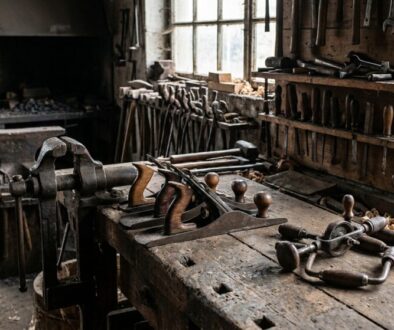 Workbench in a dusty old workshop with hand planes, chisels, and a large vise laid out for work