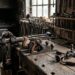 Workbench in a dusty old workshop with hand planes, chisels, and a large vise laid out for work