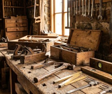 Old wooden workshop bench with hand tools and planes, chisels, and levelers scattered across the work surface on a rustic stone-walled shop.