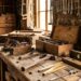 Old wooden workshop bench with hand tools and planes, chisels, and levelers scattered across the work surface on a rustic stone-walled shop.