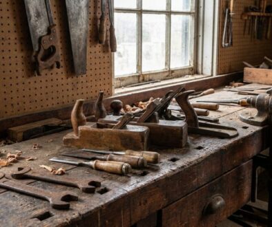 Old wooden workbench in a dusty workshop with hand planes, chisels, wrenches, and bench peg board by a window.