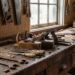 Old wooden workbench in a dusty workshop with hand planes, chisels, wrenches, and bench peg board by a window.