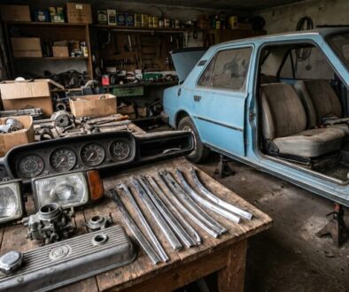 Dim auto repair shop with a blue vintage car propped on jack stands and parts spread across a wooden workbench.