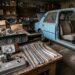 Dim auto repair shop with a blue vintage car propped on jack stands and parts spread across a wooden workbench.