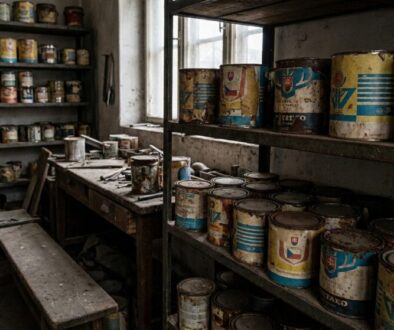 Dusty, abandoned paint shop with rusted cans on shelves and a worn workbench.
