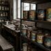 Dusty, abandoned paint shop with rusted cans on shelves and a worn workbench.