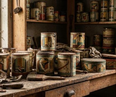 Dusty vintage paint cans with geometric labels sit on a cluttered wooden workbench in an old workshop by a dusty window, with rags and brushes nearby.