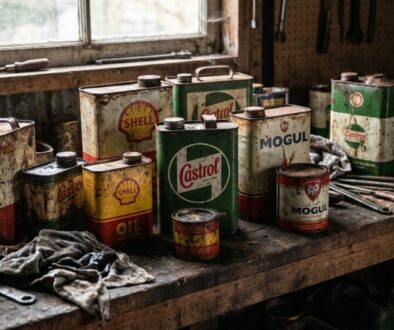A row of weathered vintage oil cans (Castrol, Shell, Mogul) on a dusty wooden workbench in a dim workshop.