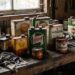 A row of weathered vintage oil cans (Castrol, Shell, Mogul) on a dusty wooden workbench in a dim workshop.