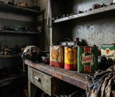 Dusty, cluttered mechanic's workshop with a weathered wooden workbench, rusty oil cans labeled Shell and Castrol, and dirty rags scattered about.