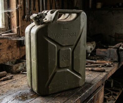 Olive-green 20L WWII-era Wehrmacht jerry can on a dusty workbench with cobwebs in a dim workshop