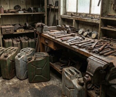 Dusty old workshop with wooden workbench, scattered wrenches and gauges, and green rusted jerrycans on the floor.