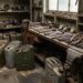 Dusty old workshop with wooden workbench, scattered wrenches and gauges, and green rusted jerrycans on the floor.