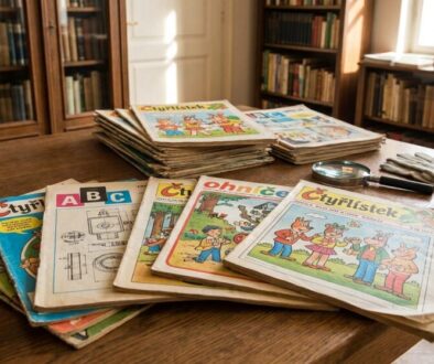 Pile of old children's magazines spread on a wooden table in a library, with a glove and magnifier nearby.