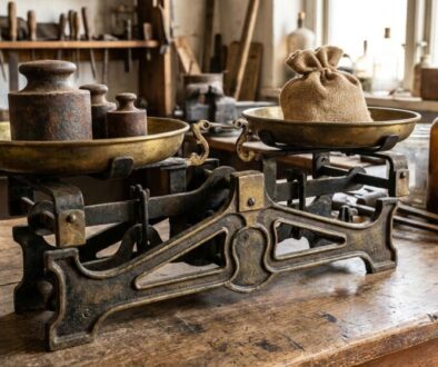 Old-fashioned balance scale with brass pans and rusted weights on a wooden workbench.