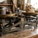 Old-fashioned balance scale with brass pans and rusted weights on a wooden workbench.