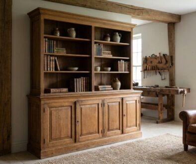 Rustic living room with a large wooden cabinet filled with books and pottery, a workbench against the wall, and a leather armchair on woven rugs.
