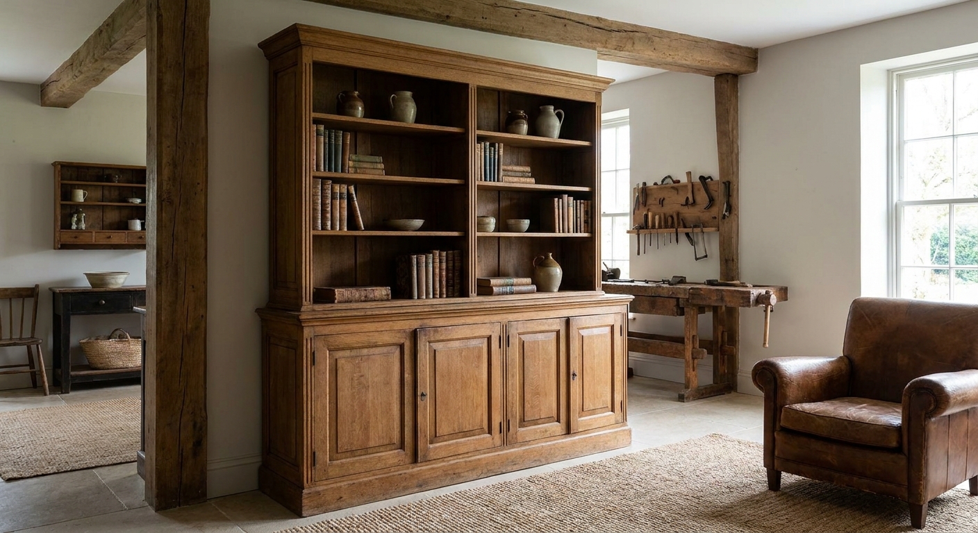 Rustic living room with a large wooden cabinet filled with books and pottery, a workbench against the wall, and a leather armchair on woven rugs.