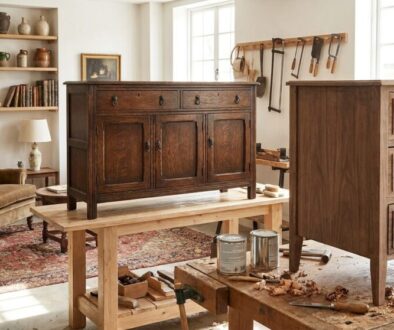 Woodworking workshop with a dark wood cabinet on a light workbench, surrounded by tools, shelves of pottery and books, and a cardigan chair nearby.