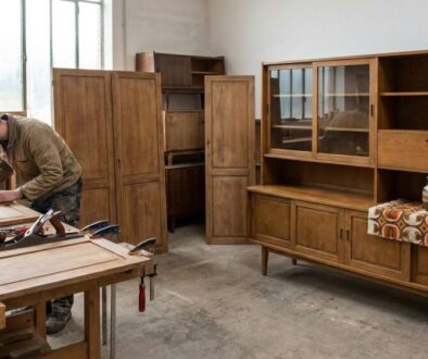 Carpenter sanding a wooden cabinet door at a workbench in a shop, surrounded by assembled oak cabinets.