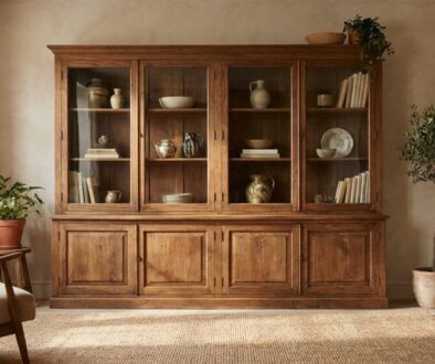 Large wooden china cabinet with glass doors in a sunlit living room, flanked by potted plants.