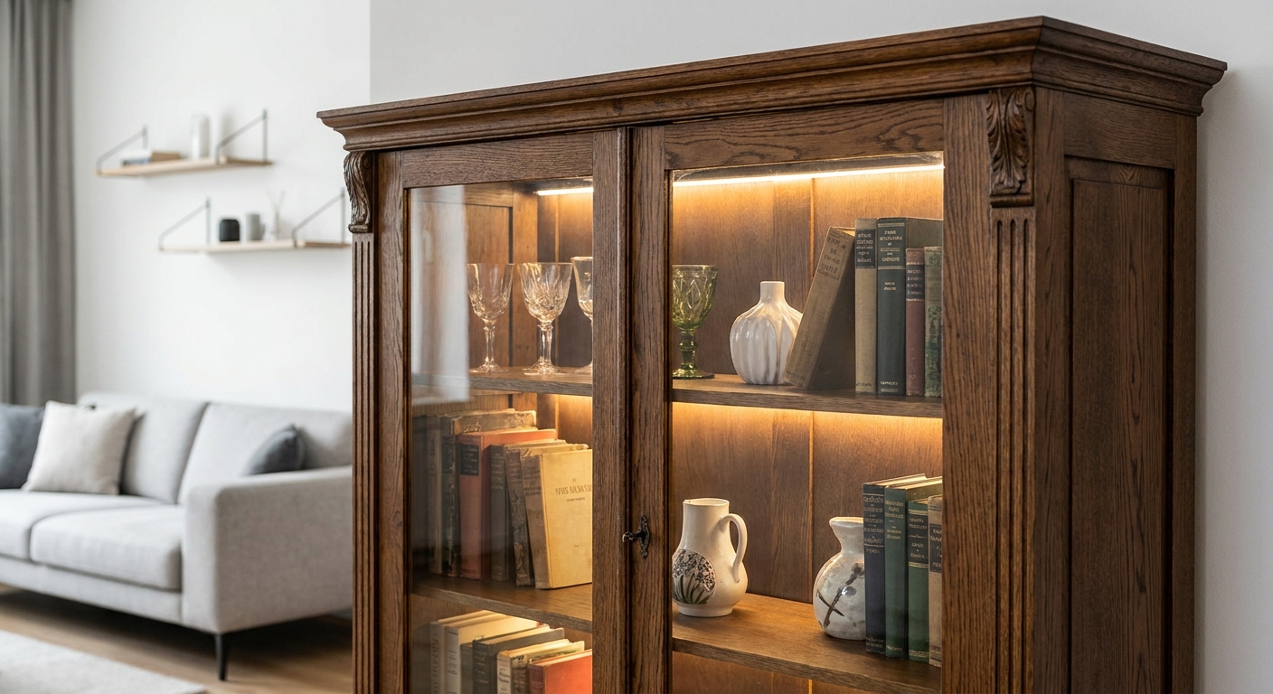 Kdo má v obýváku tuhle starou vitrínu z masivu? Sběratelé nábytku ji teď vyhledávají a dělají z ní divy