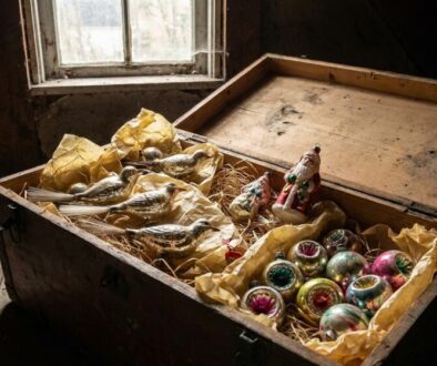 Open wooden chest in a dusty attic filled with vintage glass bird ornaments on straw and colorful glass Christmas baubles, with a small Santa figurine nearby.