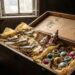 Open wooden chest in a dusty attic filled with vintage glass bird ornaments on straw and colorful glass Christmas baubles, with a small Santa figurine nearby.