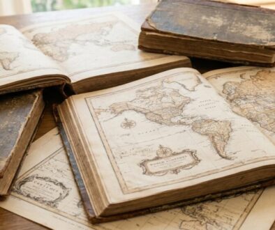 Open antique atlas and weathered books spread on a wooden table, with a magnifying glass nearby.
