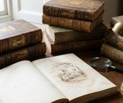 Stack of old leather-bound books on a wooden desk beside an open sketchbook with a vintage illustration, a magnifying glass, and a brass lamp by a window.