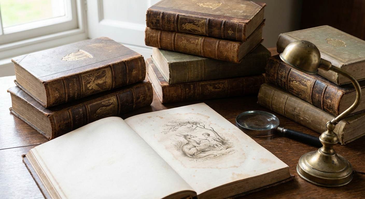Stack of old leather-bound books on a wooden desk beside an open sketchbook with a vintage illustration, a magnifying glass, and a brass lamp by a window.
