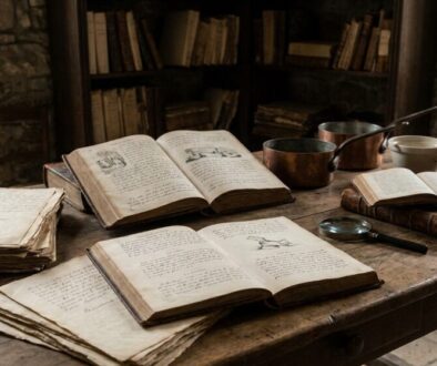 Antique study scene: open old books and papers spread across a wooden table, with copper bowls, a magnifying glass, and a background bookshelf.