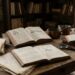 Antique study scene: open old books and papers spread across a wooden table, with copper bowls, a magnifying glass, and a background bookshelf.