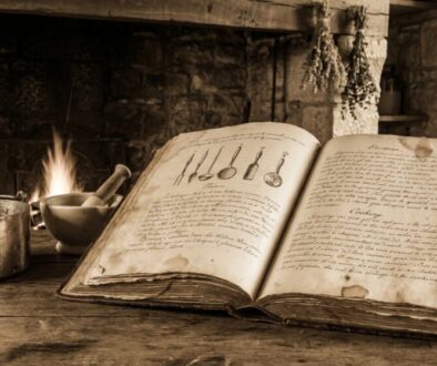 Open antique cookbook on a wooden table with a pot, mortar and pestle by a cozy fireplace.