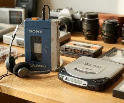 Blue Sony Walkman with wired headphones on a wooden desk, beside a DiscMan and a pile of vintage cameras and tapes.