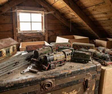 Dusty attic with a row of antique toy trains on a weathered trunk and cardboard boxes nearby.