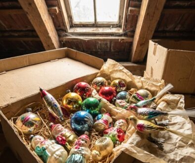 Box of colorful vintage Christmas ornaments (glass baubles and hanging birds) in a dusty attic.