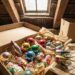 Box of colorful vintage Christmas ornaments (glass baubles and hanging birds) in a dusty attic.