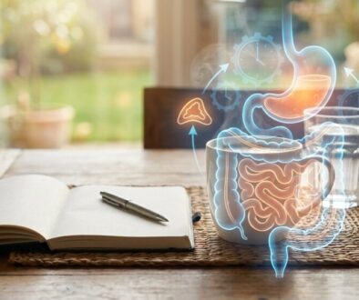 Educational illustration showing a holographic digestive system (stomach and intestines) over a notebook and glasses on a wooden table, emphasizing digestion.
