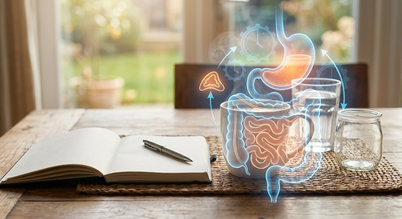 Educational illustration showing a holographic digestive system (stomach and intestines) over a notebook and glasses on a wooden table, emphasizing digestion.