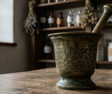 Antique brass mortar and pestle with ornate engravings sits on a worn wooden table in a rustic apothecary with bottles on shelves in the background.