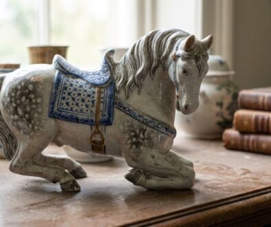 Ceramic horse figurine with blue patterned saddle on a wooden table beside vintage jars and old books.