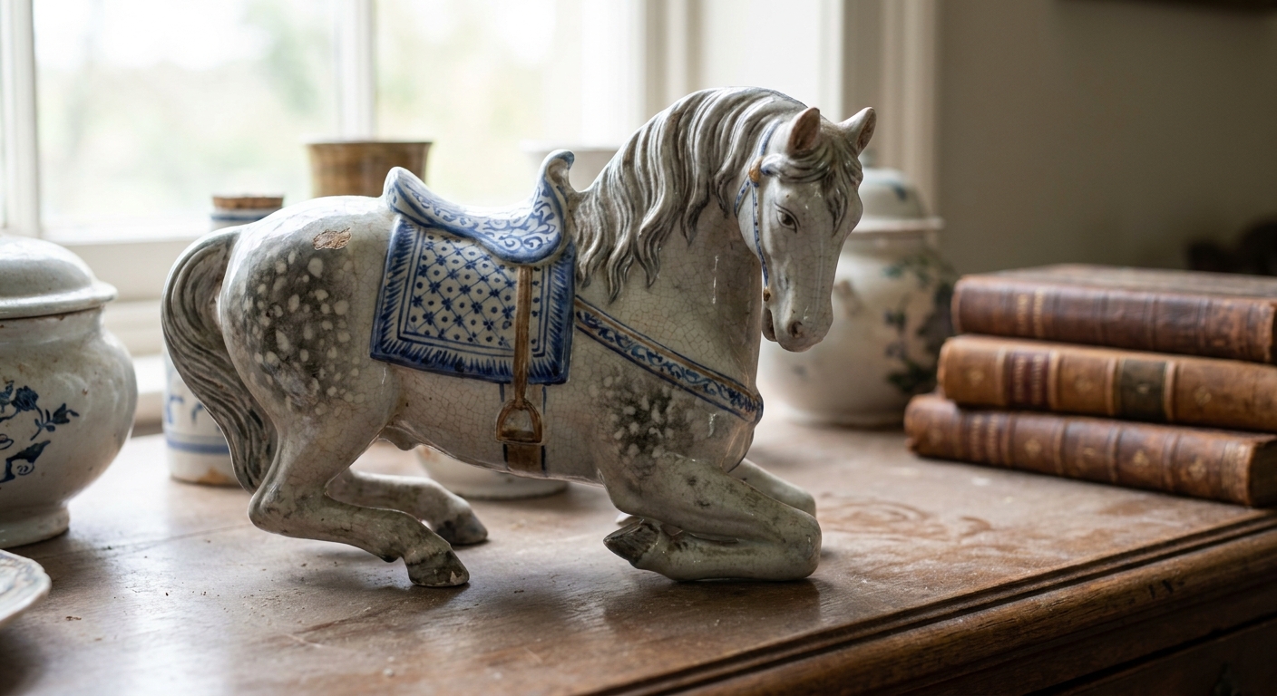 Ceramic horse figurine with blue patterned saddle on a wooden table beside vintage jars and old books.
