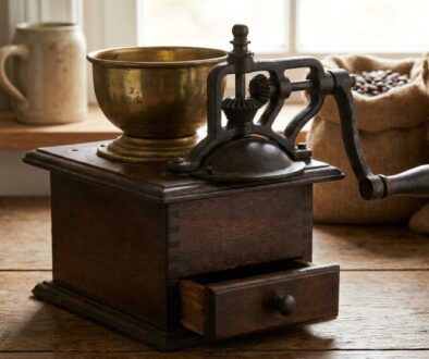 Vintage manual coffee grinder on a wooden table with a brass cup and burlap coffee beans in the background