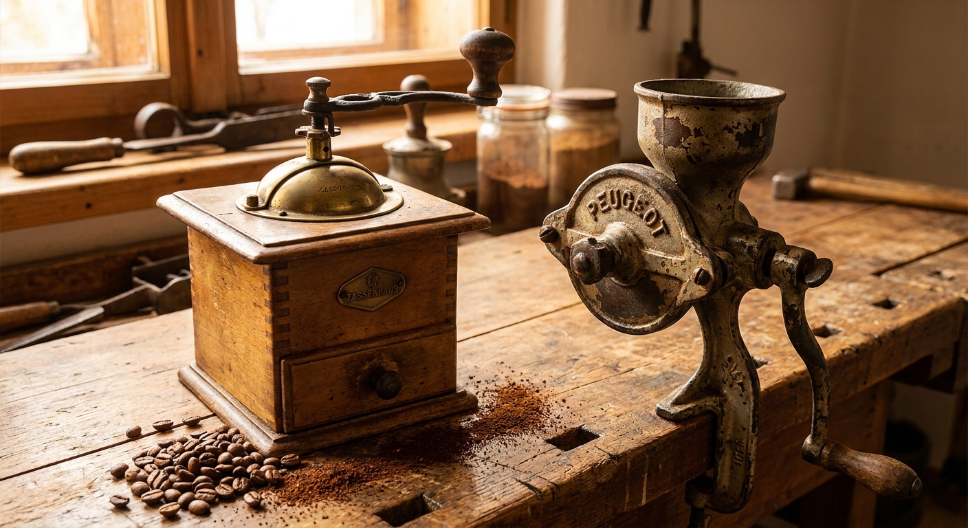 Kdo vlastní tento starý typ ručního mlýnku na kávu, může si gratulovat. Tento mechanismus je dnes raritou