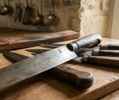 Old rusty kitchen knives resting on a wooden cutting board in a rustic kitchen setting, with hanging utensils in the background.