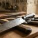 Old rusty kitchen knives resting on a wooden cutting board in a rustic kitchen setting, with hanging utensils in the background.