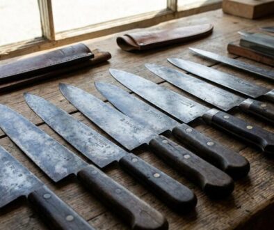 Row of sharp kitchen knives with dark wooden handles laid edge-to-edge on a worn wooden workbench.