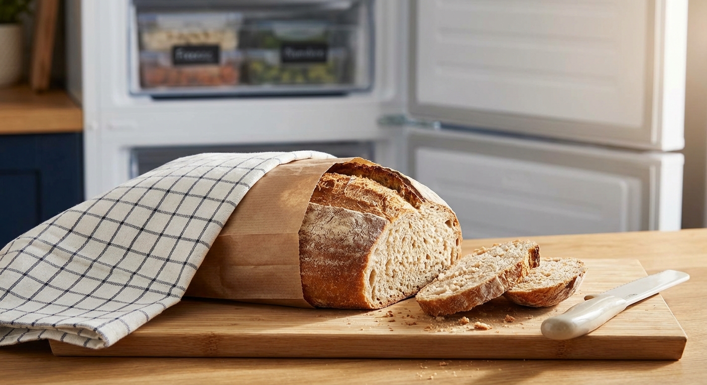 Artistic photo of freshly baked bread wrapped in brown paper, placed inside a rustic wooden crate.